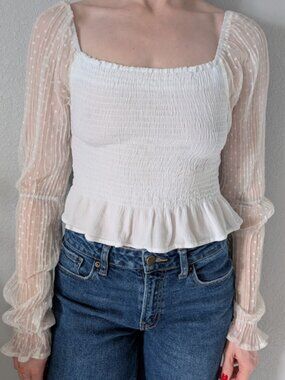 White Peplum Sheer-Sleeve Altar'd State Blouse Women's Medium